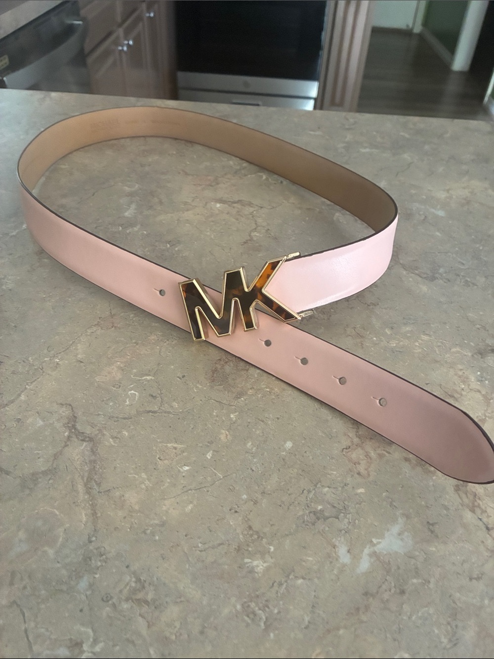 Michael Kors Blush Pink Leather Belt with Gold MK Buckle